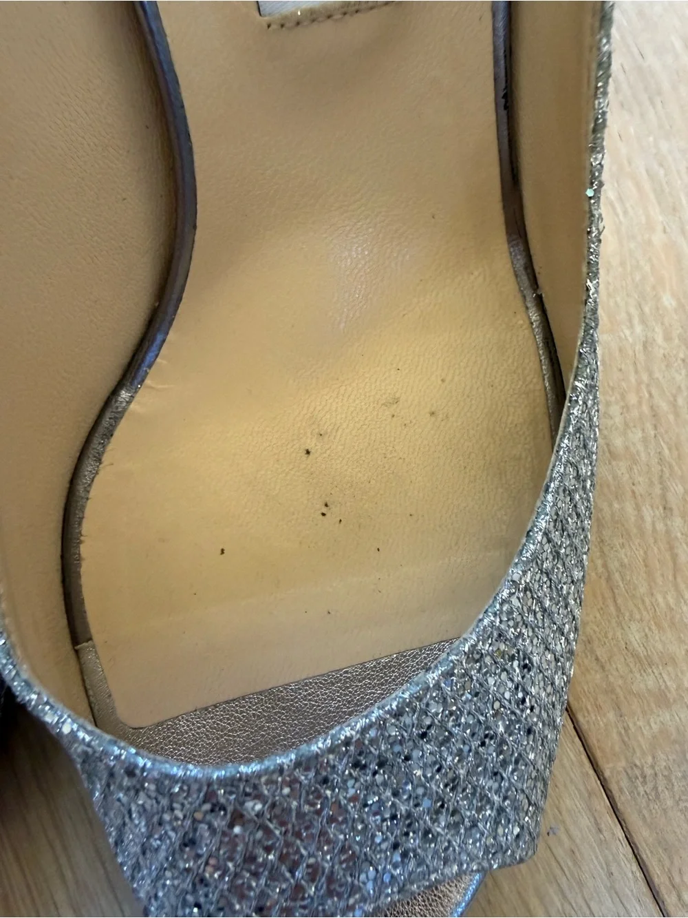 Jimmy Choo Silver Glitter Peep-Toe Wedge Heels